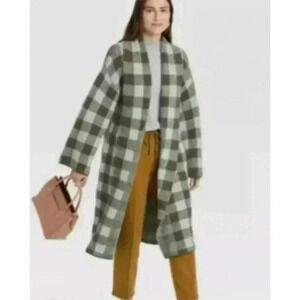 A New Day Long Over Size Open Cardigan in Sage and Olive Green Checkered Size XS